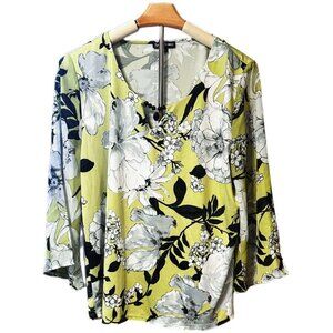 Sara Michelle White Black Green Floral Blouse Jewel Necklace 3/4 Sleeve XL